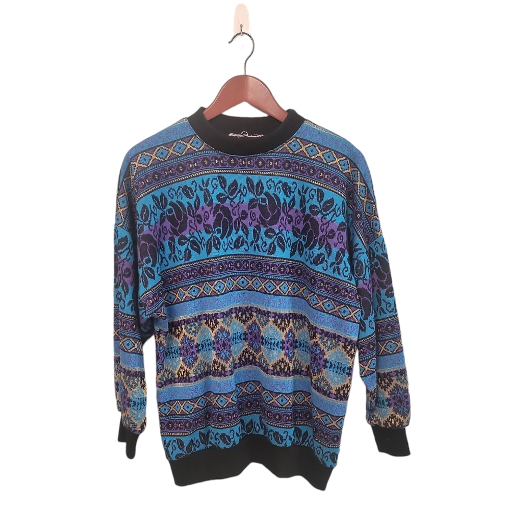 Vintage 80s Womens Floral Western Boho Crewneck Sweater Size‎ Large